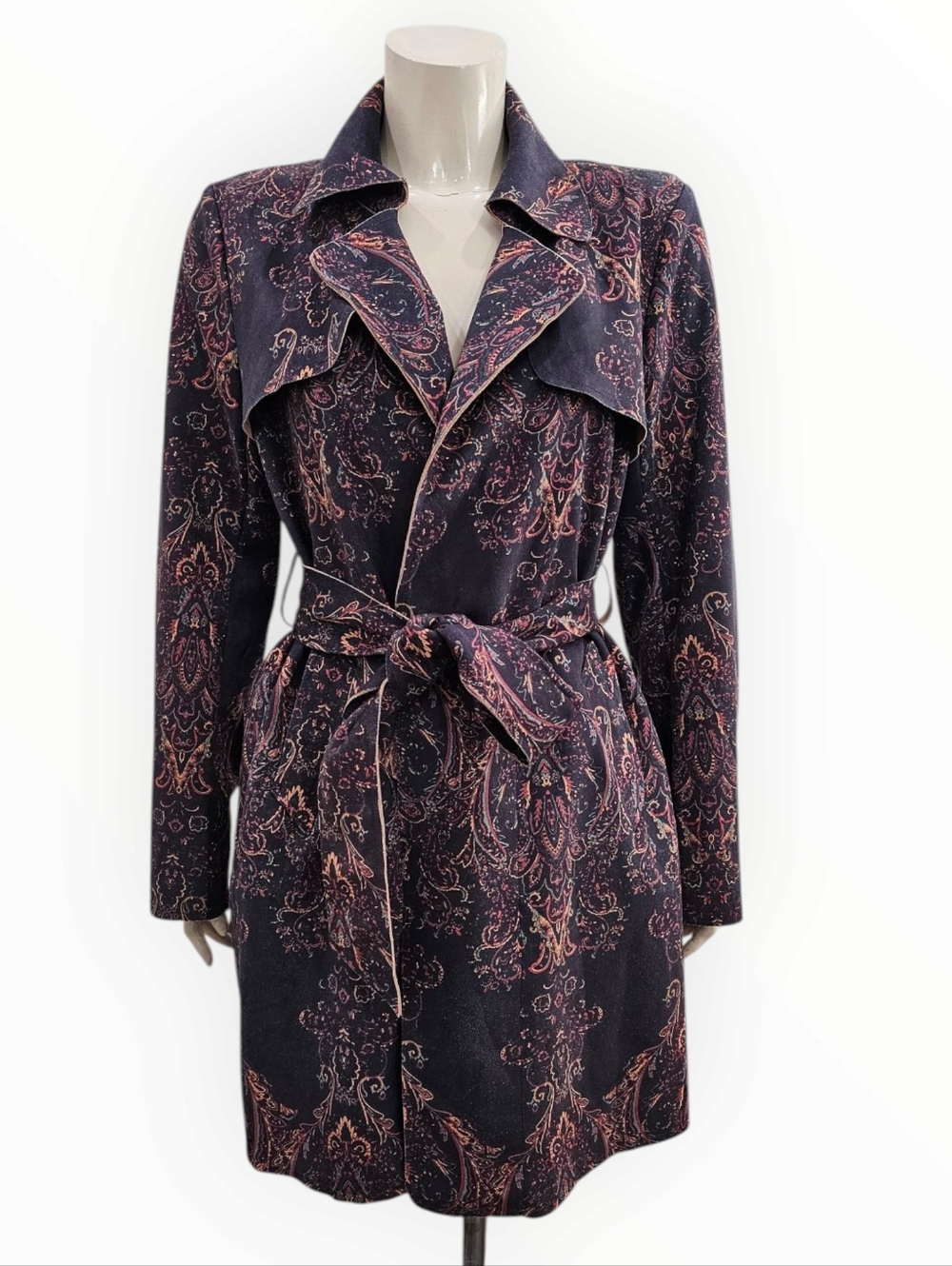 SOLITAIRE Anthropologie Faux Suede Navy Paisley Print Belted Trench Coat L